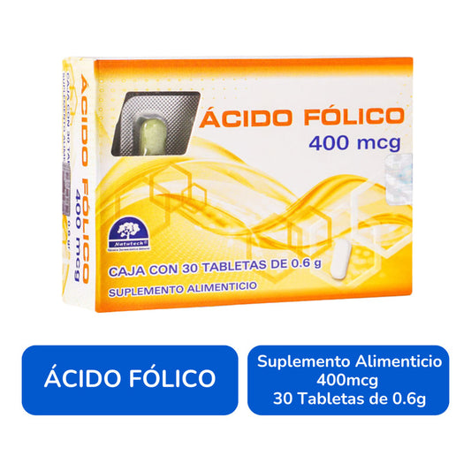 Ácido Fólico 400 Mcg 30 Tabletas Suplemento Natutech Sin Sabor