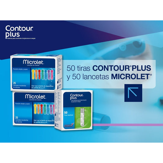 Contour Plus Paquete 50 Tiras Y 50 Lancetas P Glucometro