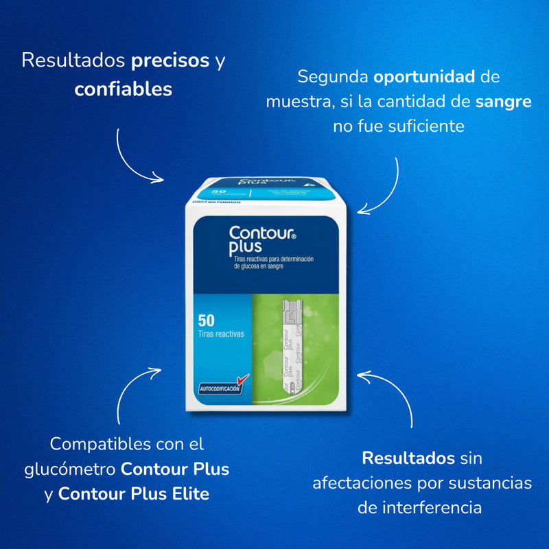 Contour Plus Paquete 50 Tiras Y 50 Lancetas Para Glucómetro