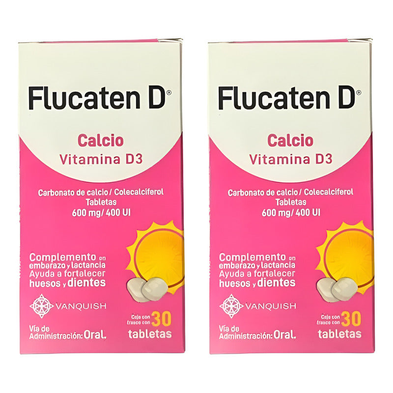 Flucaten D Calcio, Vitamina D3, 2 Cajas 30 Tabletas Vanquish Sin Sabor