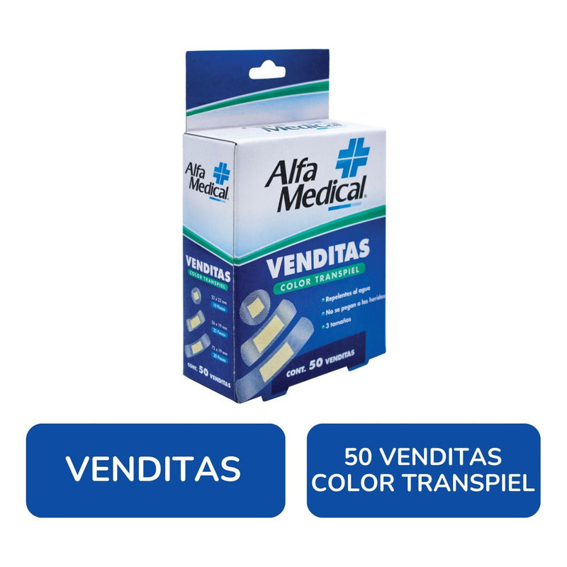 Alfa Medical Venditas Adhesivas Transpiel 3 Tamaños 50 Pzas