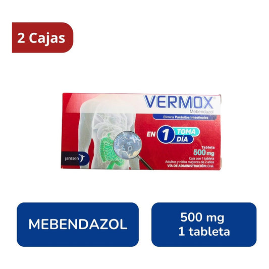Vermox Mebendazol 500 Mg 2 Cajas 1 Tableta C/u Toma En 1 Día