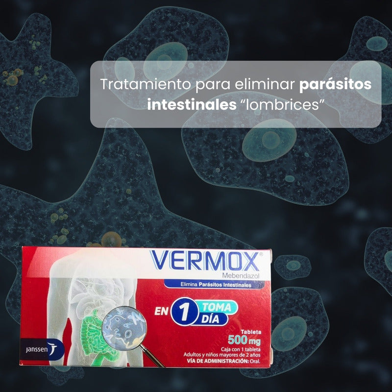 Vermox Mebendazol 500 Mg 2 Cajas 1 Tableta C/u Toma En 1 Día