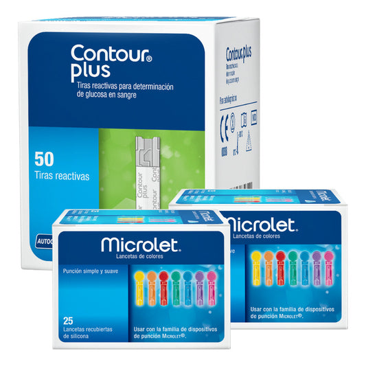 Contour Plus Paquete 50 Tiras Y 50 Lancetas Para Glucómetro