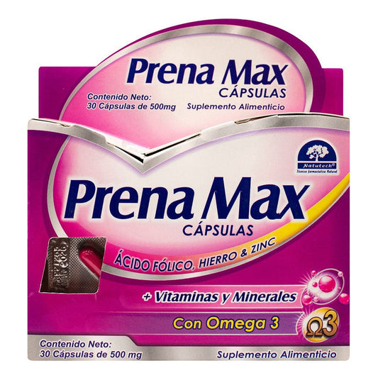 Prena Max Cápsulas C/30 Ácido Fólico, Hierro, Omega & Zinc Sabor Sin Sabor
