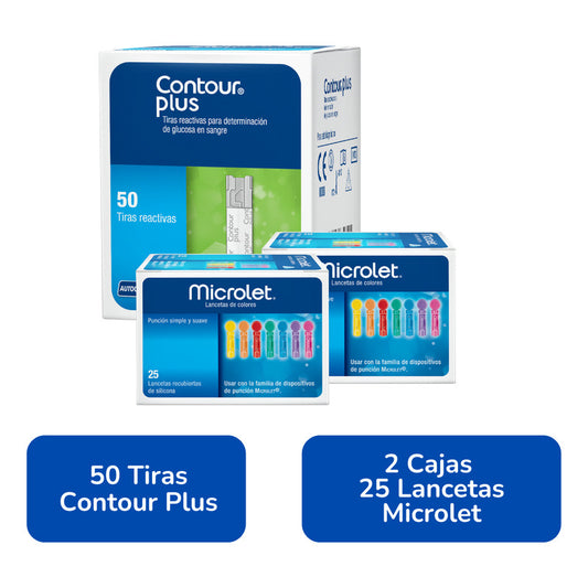 Contour Plus Paquete 50 Tiras Y 50 Lancetas Para Glucómetro