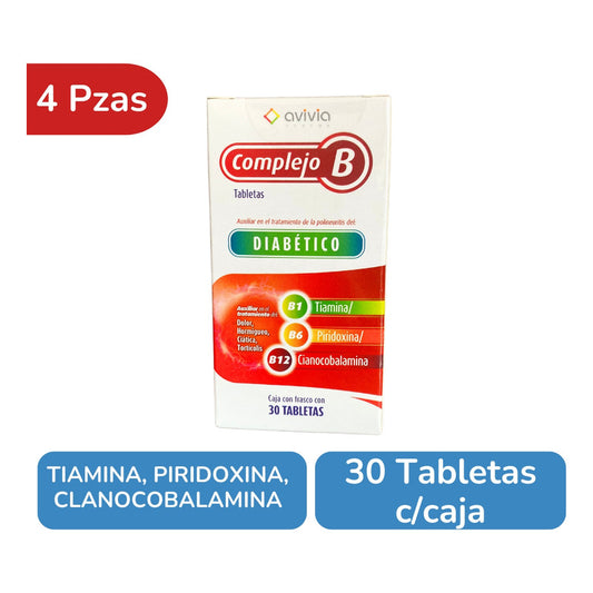 Avivia Complejo B Diabético 4 Frascos De 30 Tabs Cada Un0 Sin Sabor