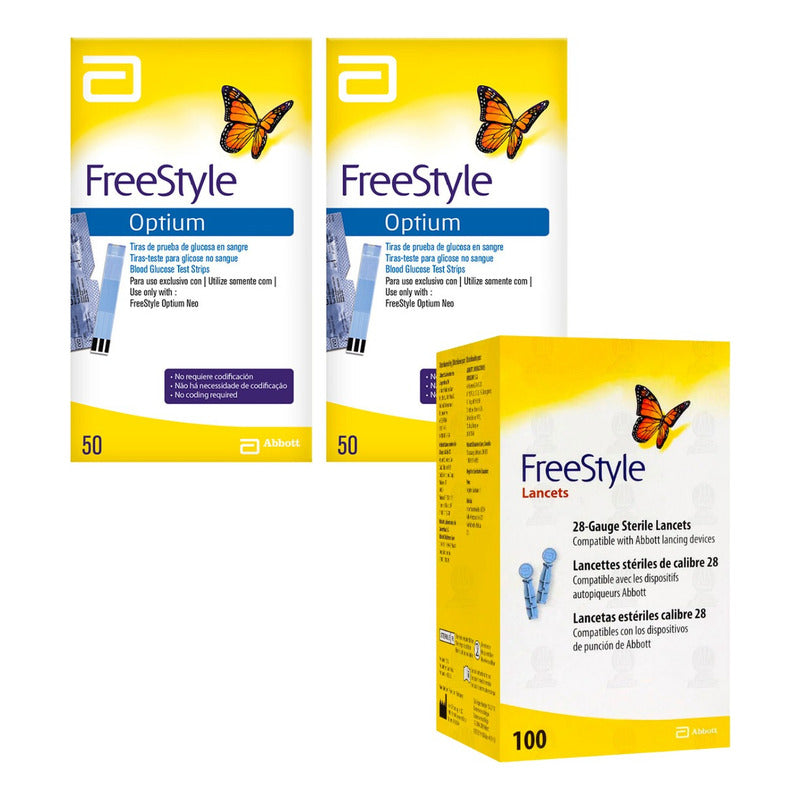 Abbott Paquete De 100 Tiras Reactivas Optium Y 100 Lancetas. Amarillo Con Blanco