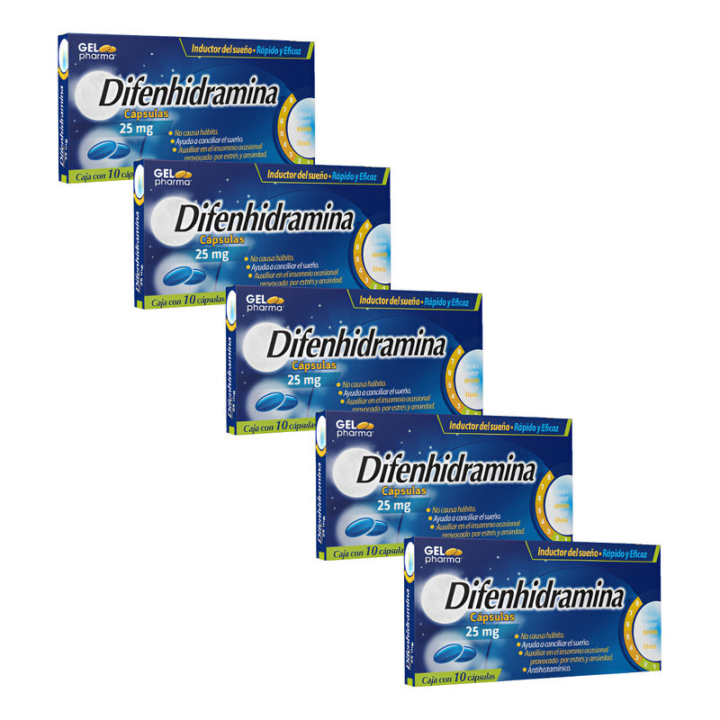 Difenhidramina 25 Mg 5 Cajas Con 10 C/u Cápsulas Gelpharma
