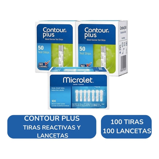 Contour Plus Paquete 100 Tiras Y 100 Lancetas P Glucometro Verde Oscuro