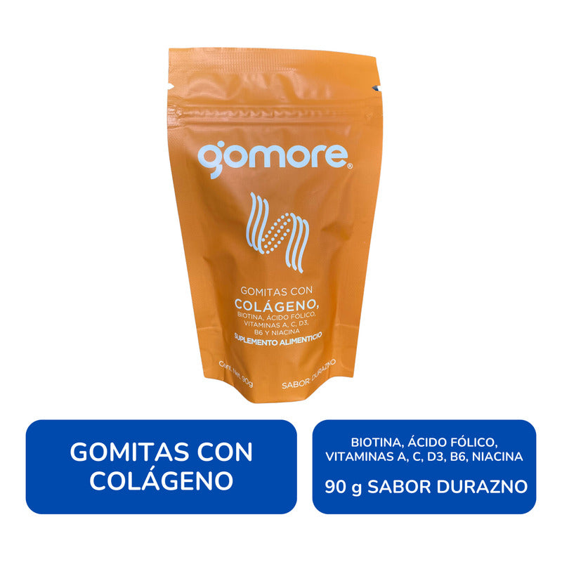 Gomore Colágeno Gomitas Biotina, Ácido Fólico, Vitaminas 90g Durazno
