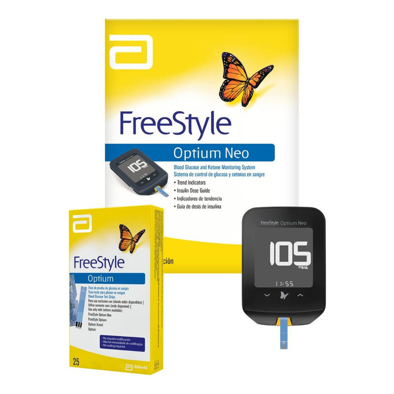 Medidor De Glucosa Y Cetonas Freestyle Optium Neo + 25 Tiras Color Negro+ 100 Lancetas