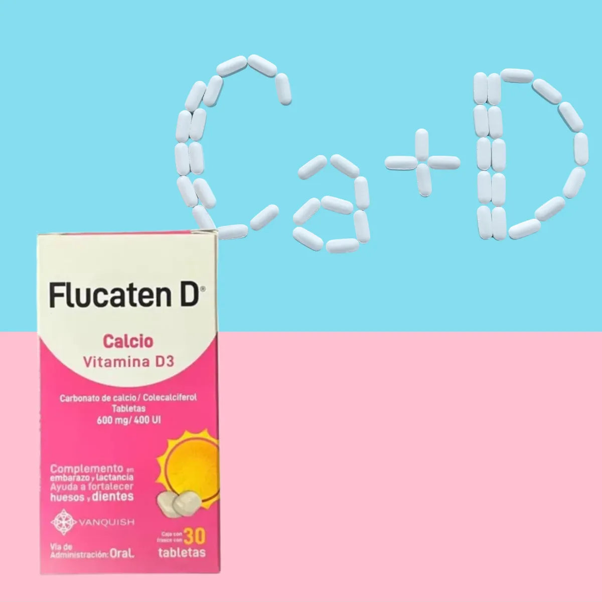 Flucaten D Calcio, Vitamina D3 600 mg / 400 UI Frasco con 30 Tabletas Vanquish