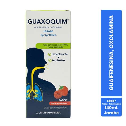 Guaxoquim Guaifenesina, Oxolamina Jarabe Expectorante y Antitusivo 2g/1g/100 mL Sabor Fresa-Frambuesa Caja con Frasco con 140 mL y Vaso Dosificador Quimpharma
