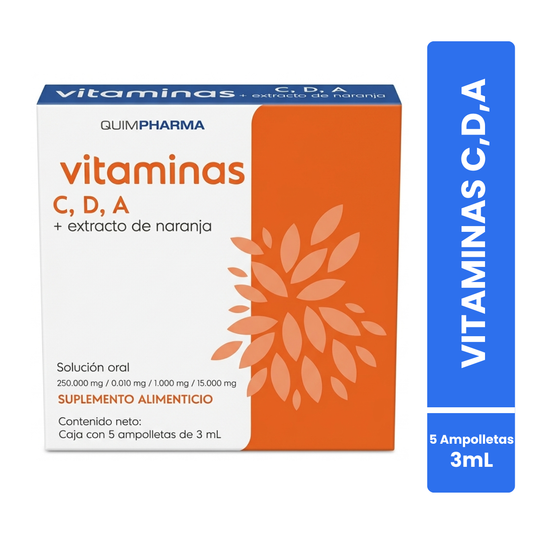 Vitamina C,D,A + Extracto de Naranja Solución Oral 250mg / 0.010mg / 1.000mg / 15.000mg Caja con 5 Ampolletas de 3 mL Quimpharma