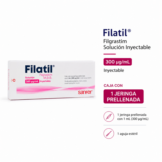 Filatil Filgrastim M.B.B. Solución Inyectable 300 Mcg con 1 mL Caja con una aguja estéril