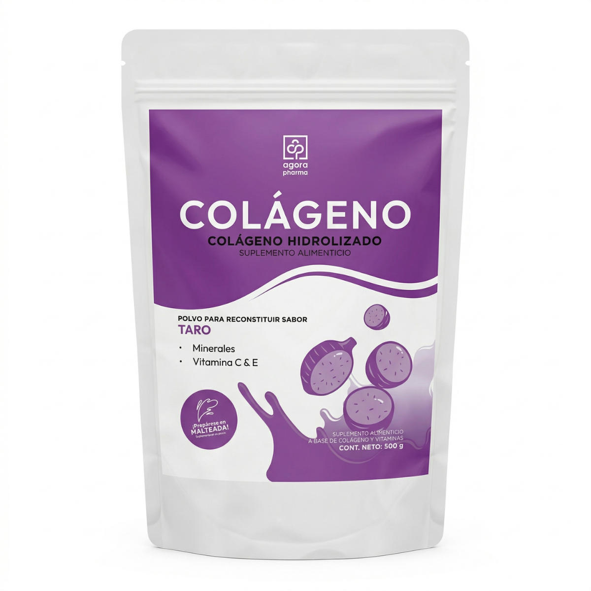 Colágeno Hidrolizado En Polvo Sabor Taro Bolsa Con 500 Gr. 25 Servs