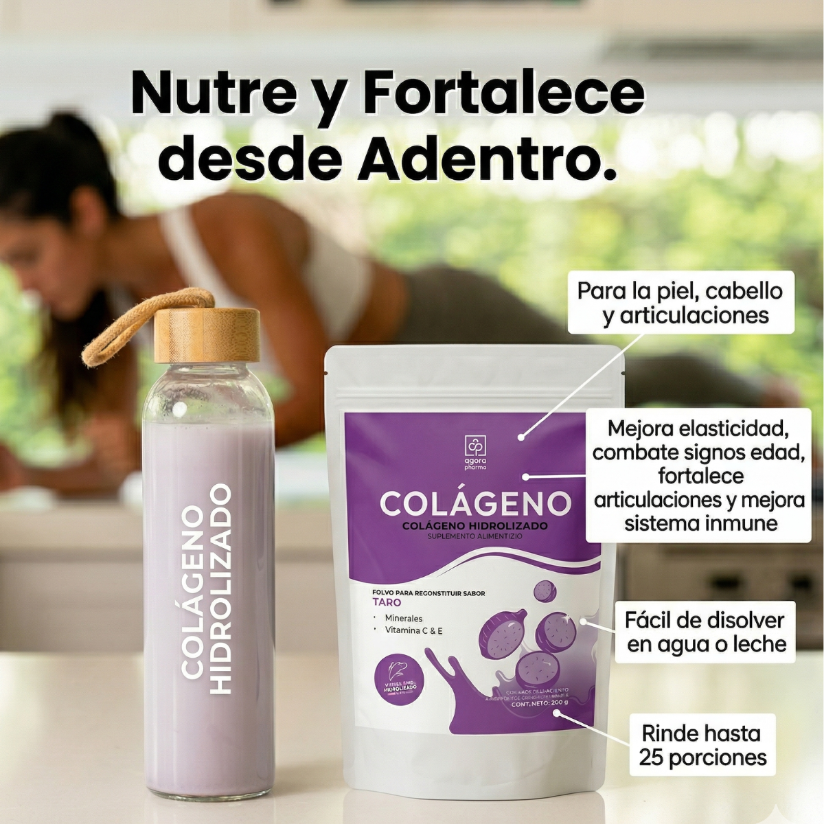 Colágeno Hidrolizado En Polvo Sabor Taro Bolsa Con 500 Gr. 25 Servs