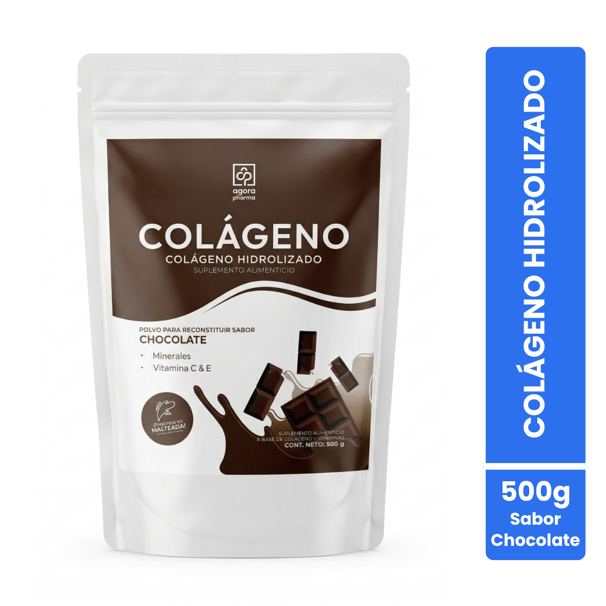 Colágeno Hidrolizado En Polvo Sabor Chocolate Bolsa Con 500 Gr. 20 Servs