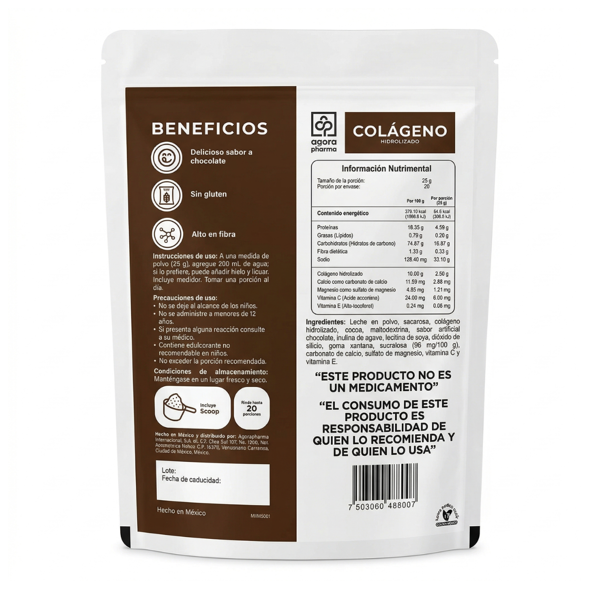 Colágeno Hidrolizado En Polvo Sabor Chocolate Bolsa Con 500 Gr. 20 Servs