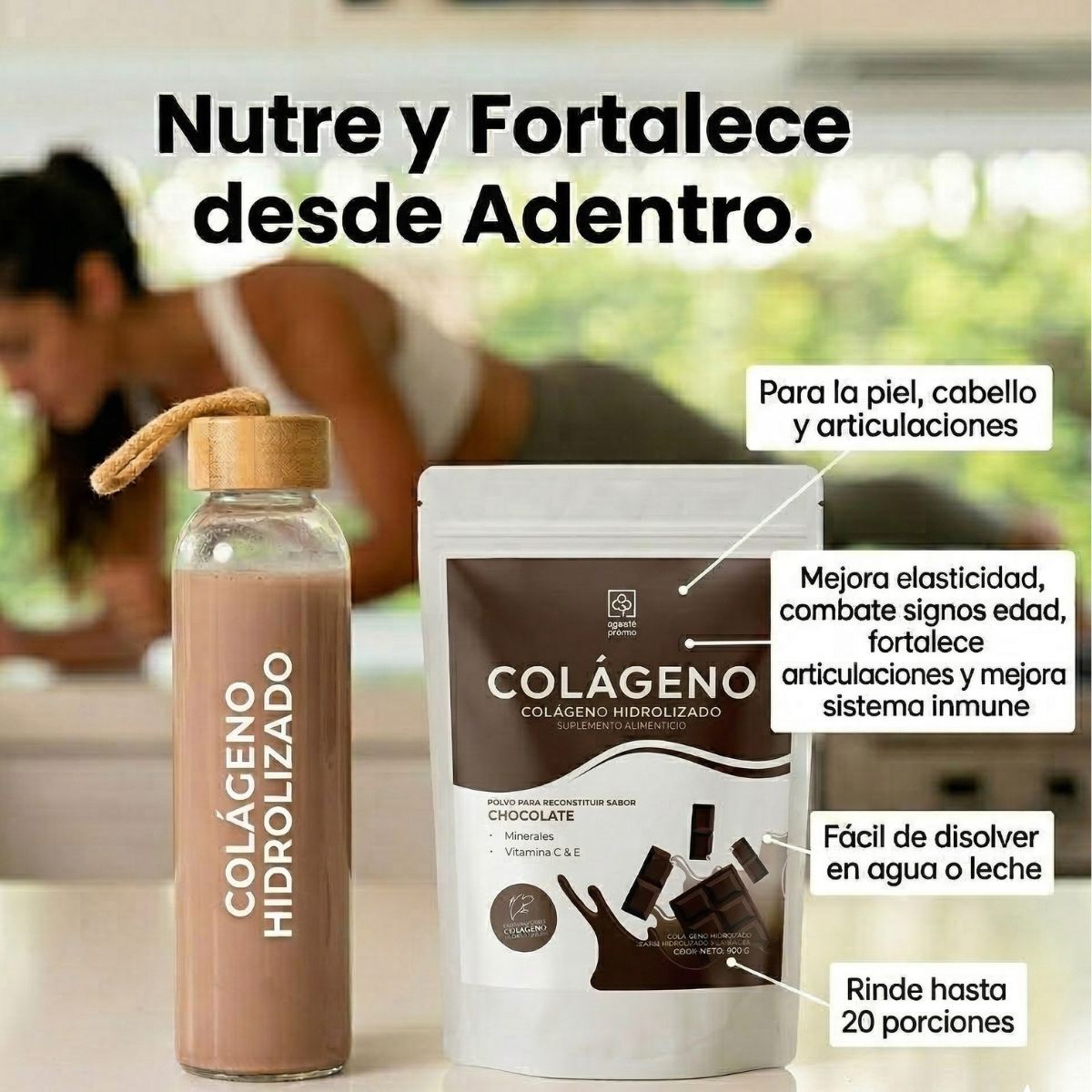 Colágeno Hidrolizado En Polvo Sabor Chocolate Bolsa Con 500 Gr. 20 Servs