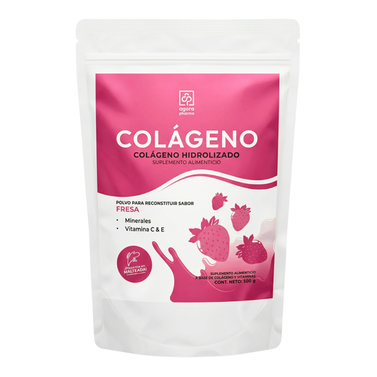 Colágeno Hidrolizado En Polvo Sabor Fresa Bolsa Con 500 Gr. 25 Servs