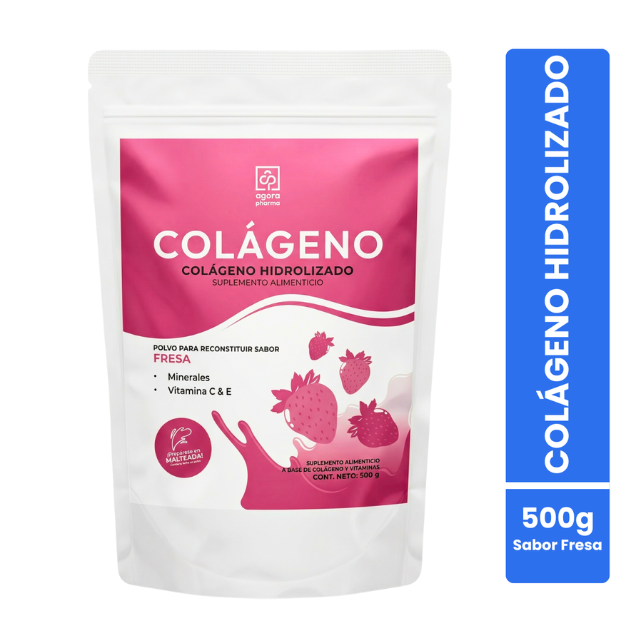 Colágeno Hidrolizado En Polvo Sabor Fresa Bolsa Con 500 Gr. 25 Servs