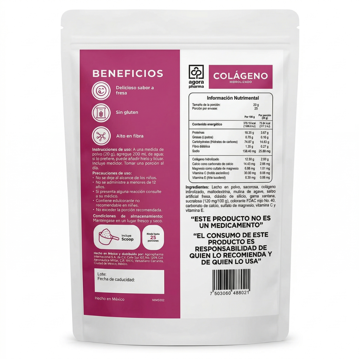 Colágeno Hidrolizado En Polvo Sabor Fresa Bolsa Con 500 Gr. 25 Servs