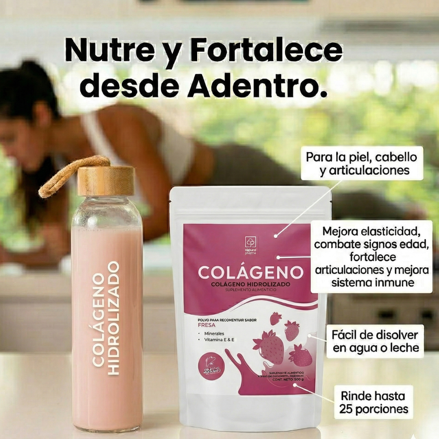 Colágeno Hidrolizado En Polvo Sabor Fresa Bolsa Con 500 Gr. 25 Servs