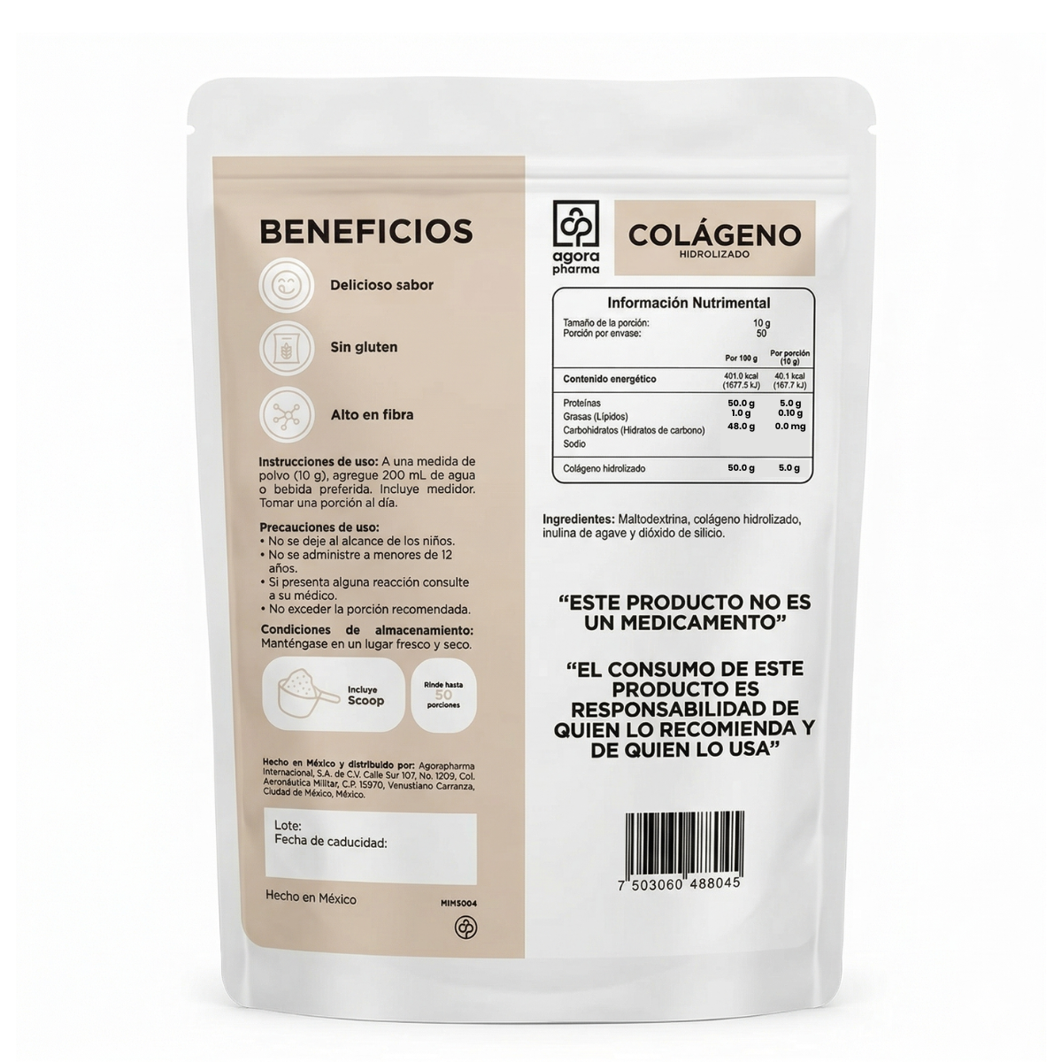 Colágeno Hidrolizado En Polvo Sabor Natural Bolsa Con 500 Gr. 50 Servs