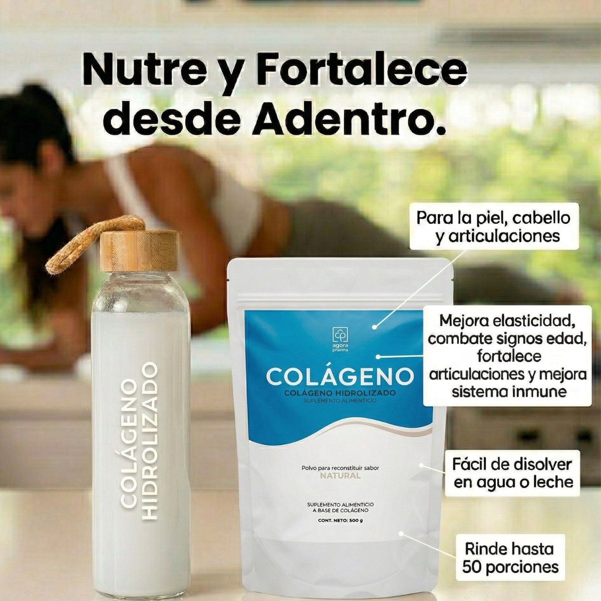 Colágeno Hidrolizado En Polvo Sabor Natural Bolsa Con 500 Gr. 50 Servs