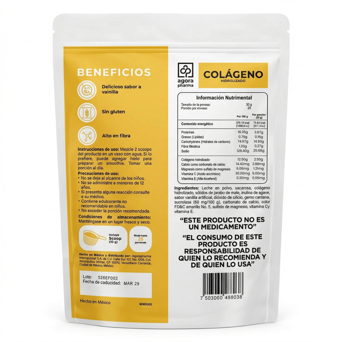 Colágeno Hidrolizado En Polvo Sabor Vainilla Bolsa Con 500 Gr. 25 Servs