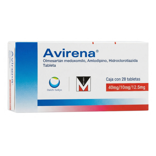 Avirena Olmesartán Medoxomilo, Amlodipino, Hidroclorotiazida 40 mg, 10 mg, 12.5 mg Caja con 28 Tabletas