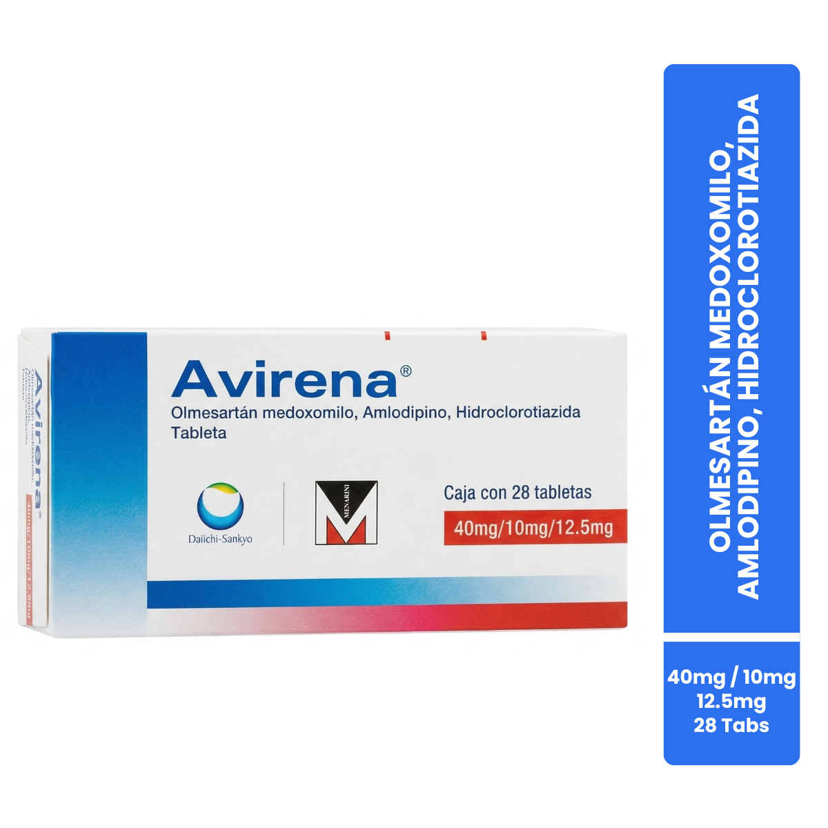 Avirena Olmesartán Medoxomilo, Amlodipino, Hidroclorotiazida 40 mg, 10 mg, 12.5 mg Caja con 28 Tabletas