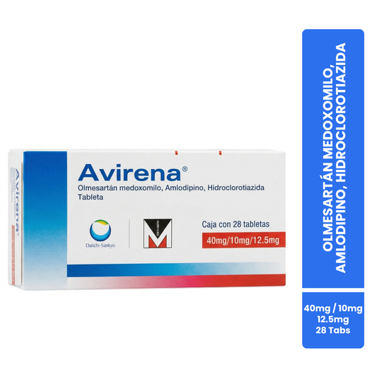 Avirena Olmesartán Medoxomilo, Amlodipino, Hidroclorotiazida 40 mg, 10 mg, 12.5 mg Caja con 28 Tabletas