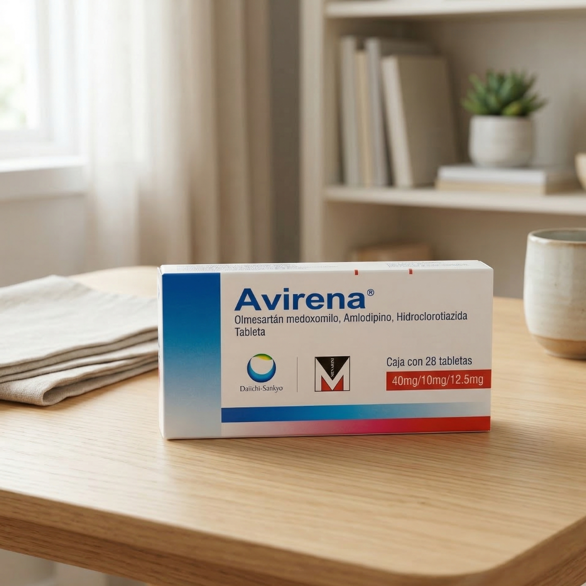 Avirena Olmesartán Medoxomilo, Amlodipino, Hidroclorotiazida 40 mg, 10 mg, 12.5 mg Caja con 28 Tabletas