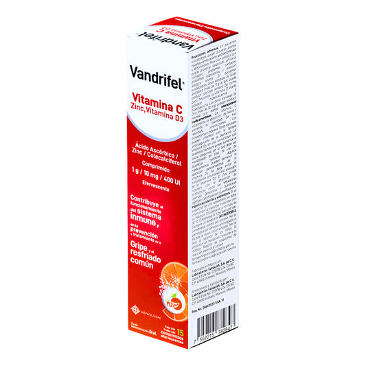 Vandrifel Vitamina C, D3, Zinc 15 Tabletas Efervescentes Naranja