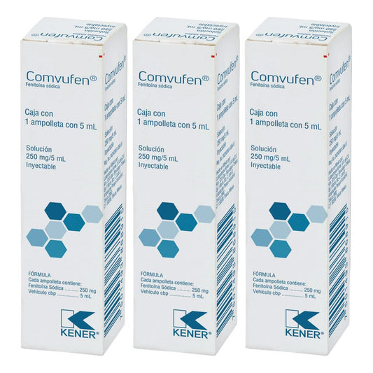 Comvufen Fenitoína Sódica 250 mg, 5 ml Solución Inyectable 3 Cajas con 1 Ampolleta de 5 mL C/u Kener