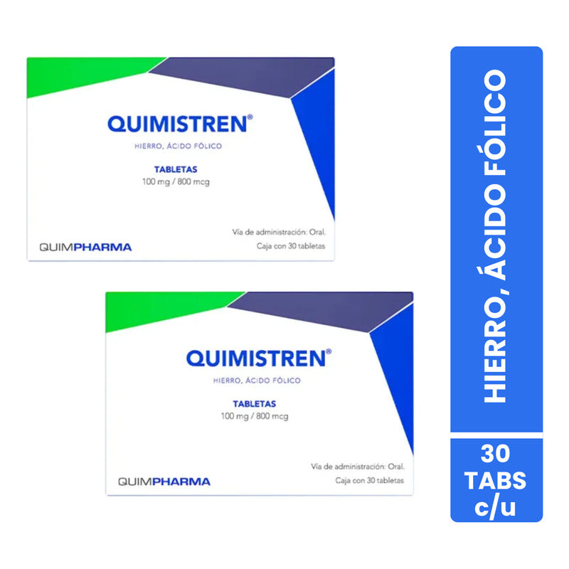 Quimistren Hierro, Ácido Fólico 100mg/800mcg 2 Cjas 30 Tabs