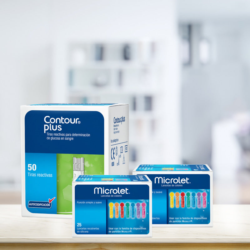 Contour Plus Paquete 50 Tiras Y 50 Lancetas Para Glucómetro