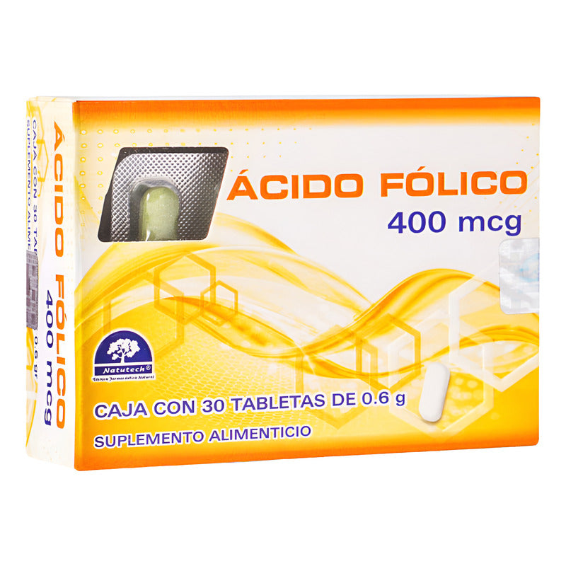 Ácido Fólico 400 Mcg 30 Tabletas Suplemento Natutech Sin Sabor