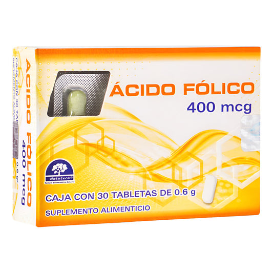 Ácido Fólico 400 Mcg 30 Tabletas Suplemento Natutech Sin Sabor