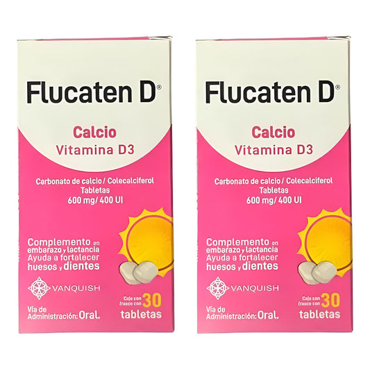 Flucaten D Calcio, Vitamina D3, 2 Cajas 30 Tabletas Vanquish Sin Sabor