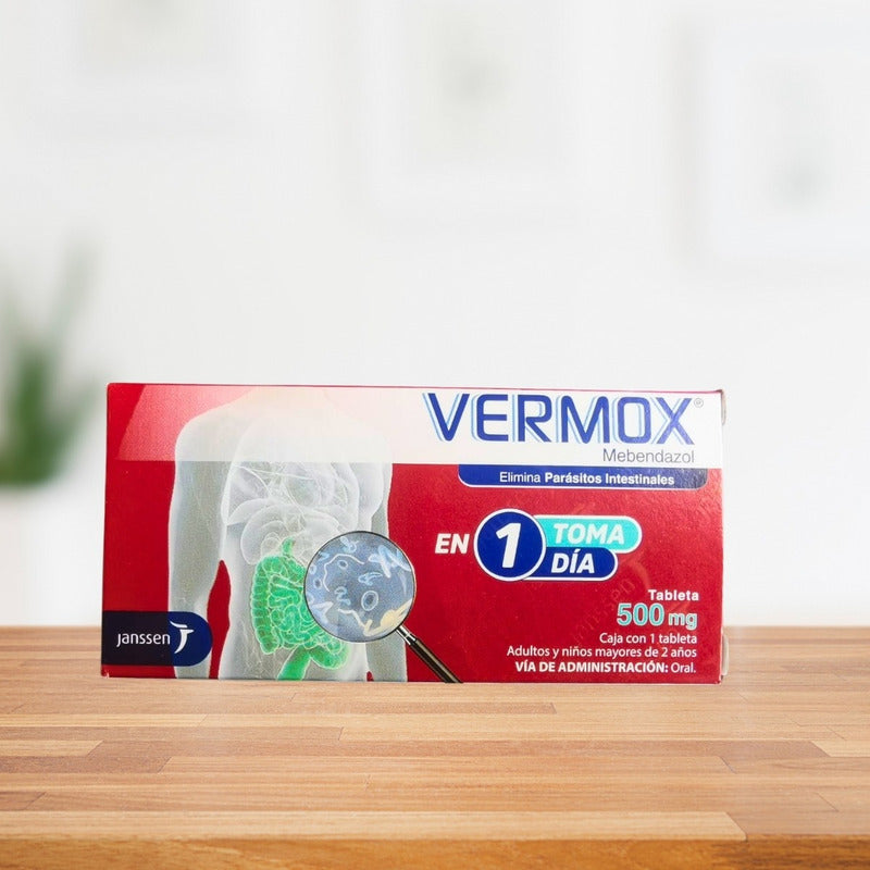 Vermox Mebendazol 500 Mg 2 Cajas 1 Tableta C/u Toma En 1 Día