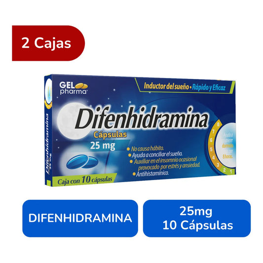 Difenhidramina 25 Mg 2 Cajas Con 10 C/u Cápsulas Gelpharma
