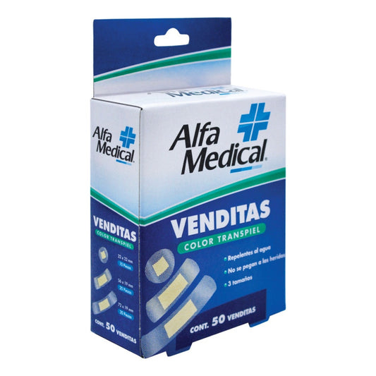 Alfa Medical Venditas Adhesivas Transpiel 3 Tamaños 50 Pzas