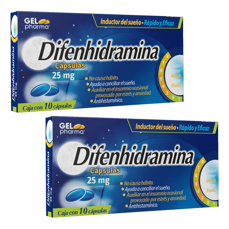 Difenhidramina 25 Mg 2 Cajas Con 10 C/u Cápsulas Gelpharma