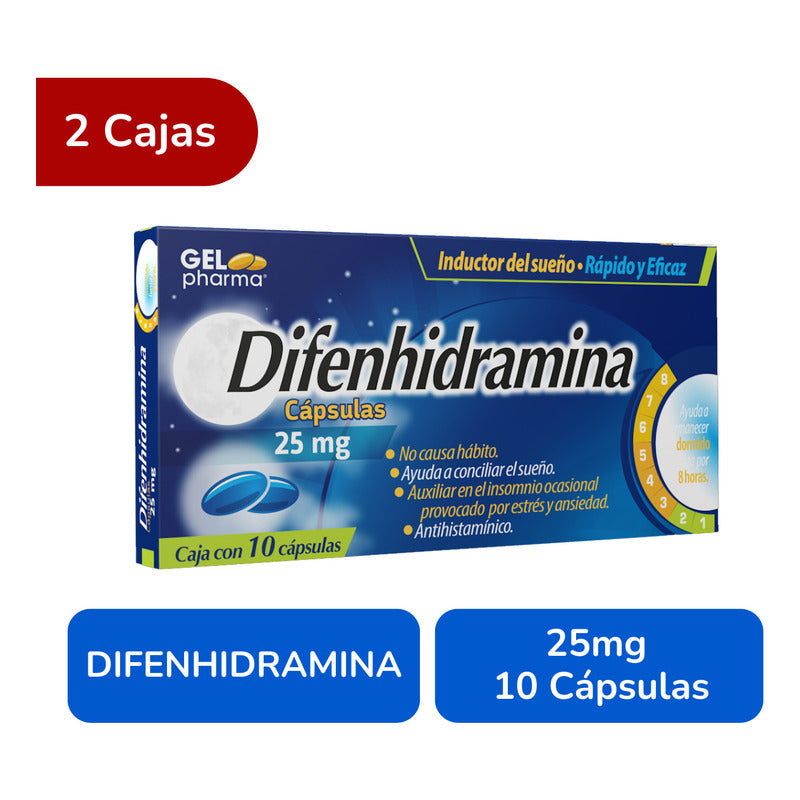 Difenhidramina 25 Mg 2 Cajas Con 10 C/u Cápsulas Gelpharma