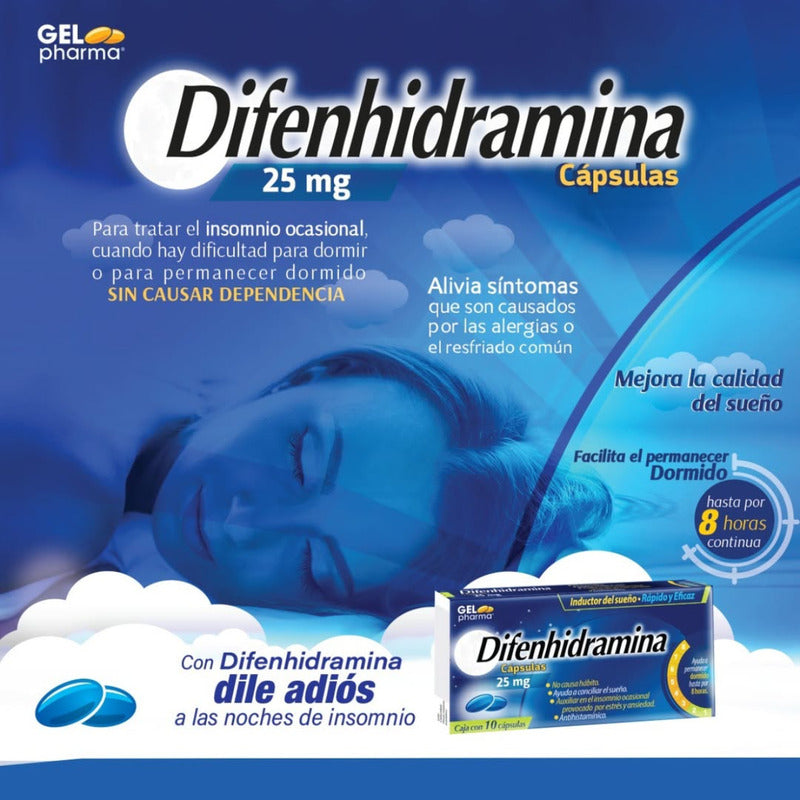 Difenhidramina 25 Mg 2 Cajas Con 10 C/u Cápsulas Gelpharma