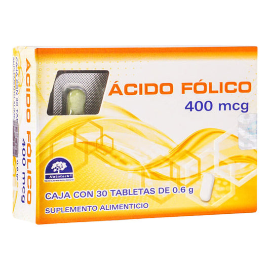Ácido Fólico 400 Mcg 30 Tabletas Suplemento Natutech Sin Sabor